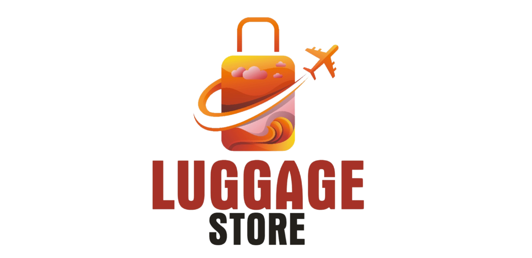 Logo of a luggage store with an orange suitcase and airplane icon on a white background