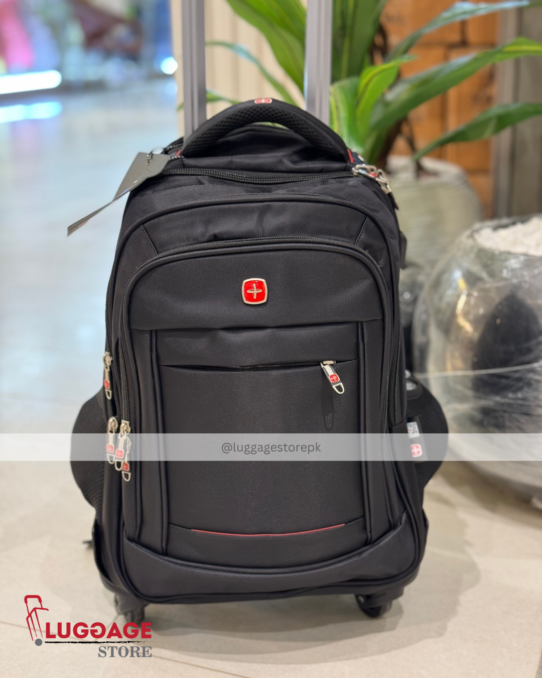 Waterproof Business Trolley Backpack with USB Port – 4-Wheel Rolling Laptop Bag for Men & Women