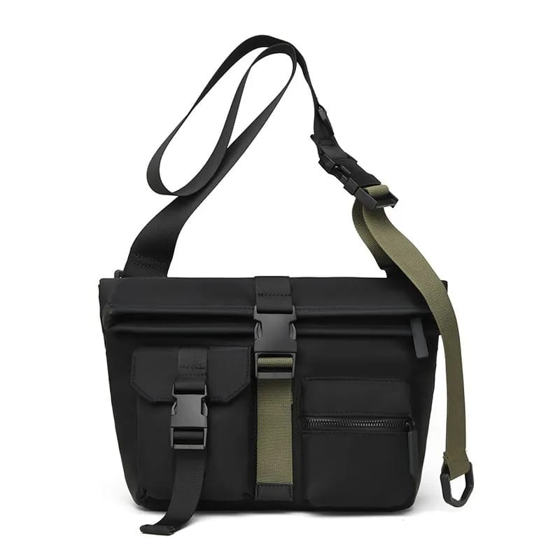 Black outdoor travel shoulder bag with adjustable strap and zip compartments

