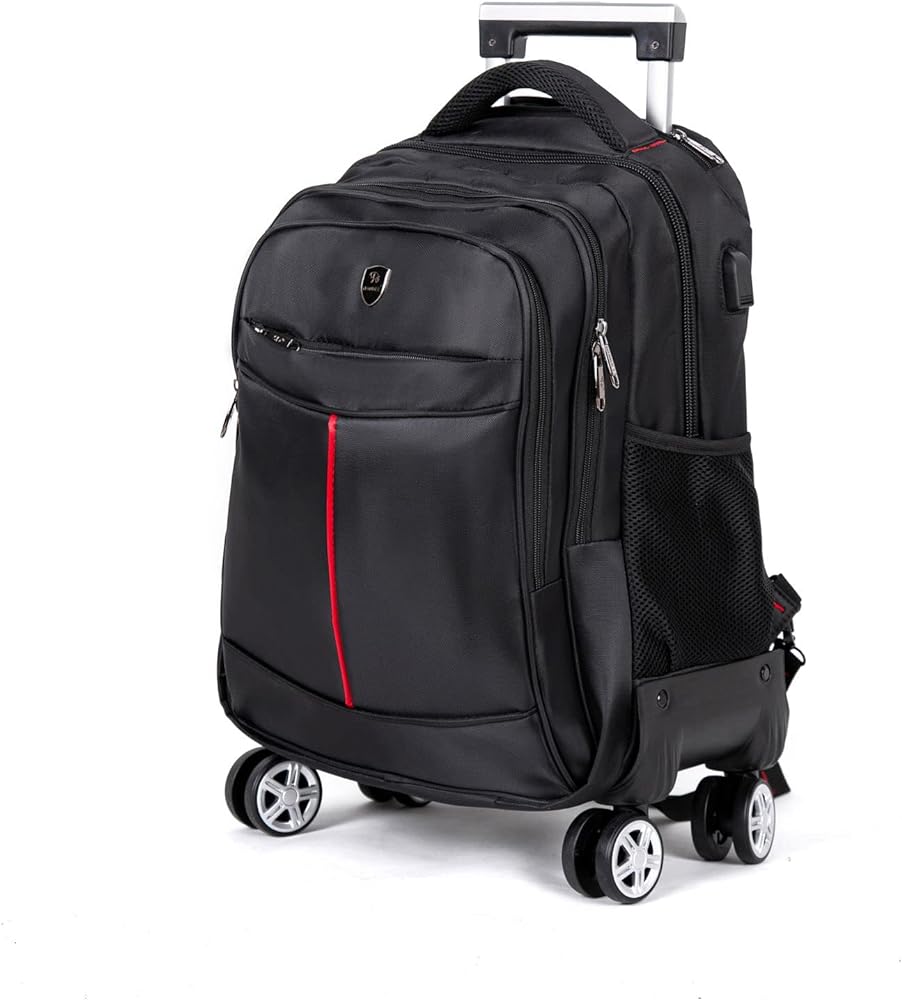 "Black waterproof business trolley backpack with wheels for travel and laptop"

