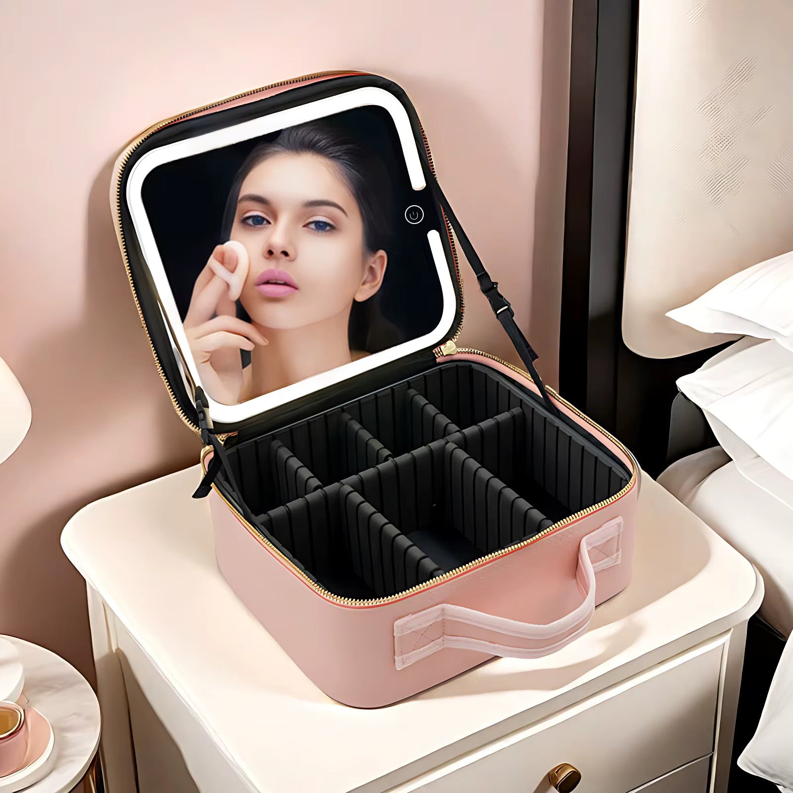 Makeup bag with mirror and LED lights – portable vanity case with rechargeable battery and adjustable lighting

